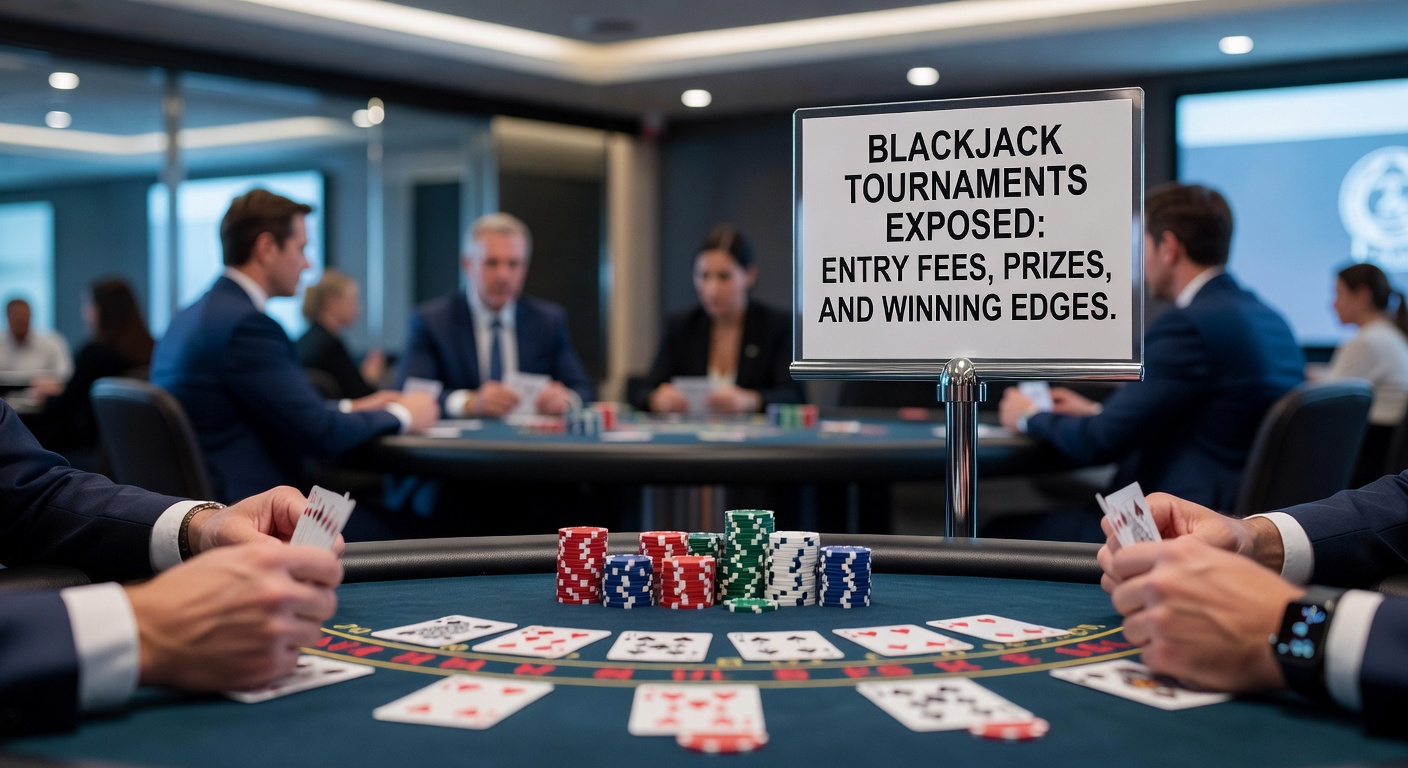 Spieler bei einem intensiven Blackjack-Turnier, Karten fliegen über den Tisch während das Publikum die Spannung miterlebt