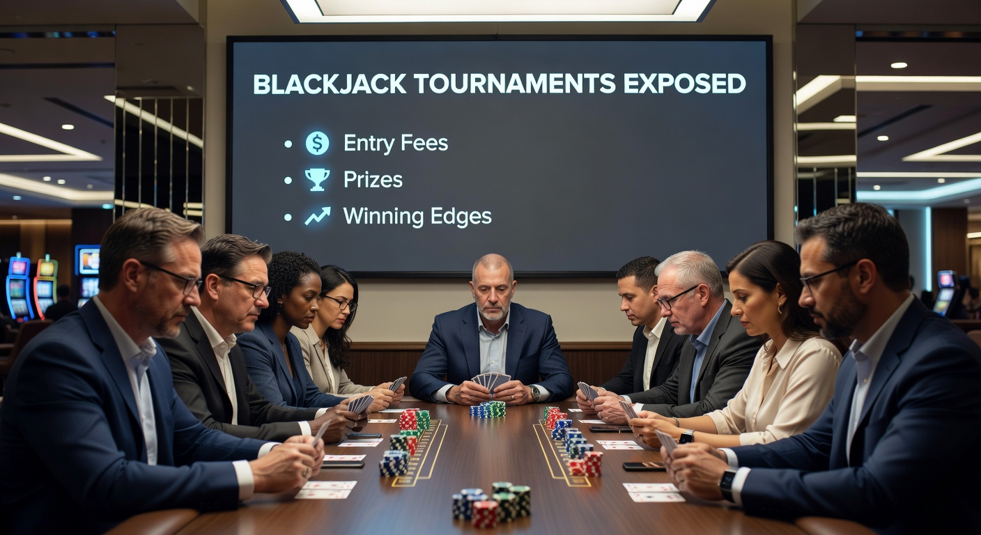 Siegerpodium bei einem Blackjack-Turnier, Trophäe in der Hand und Schecks im Wert von Zehntausenden