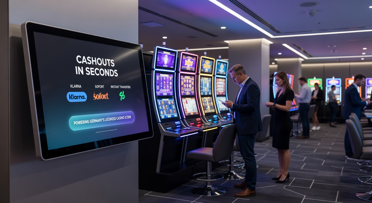 Darstellung einer Sofortüberweisung in Aktion, mit Uhrwerk-Symbolen und einem Casino-Slot im Hintergrund, die Echtzeit-Übertragung visualisiert