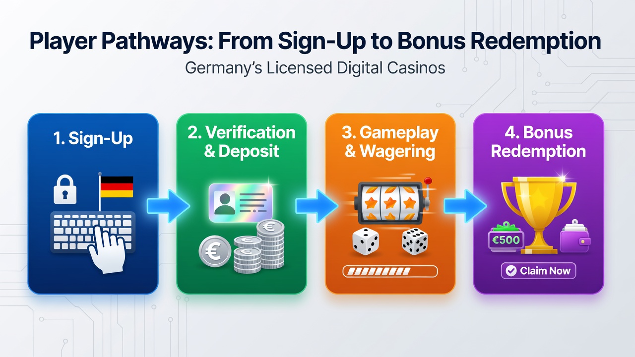 Übersicht über den Spielerweg von der Anmeldung bis zur Bonuseinlösung in lizenzierten deutschen Casinos